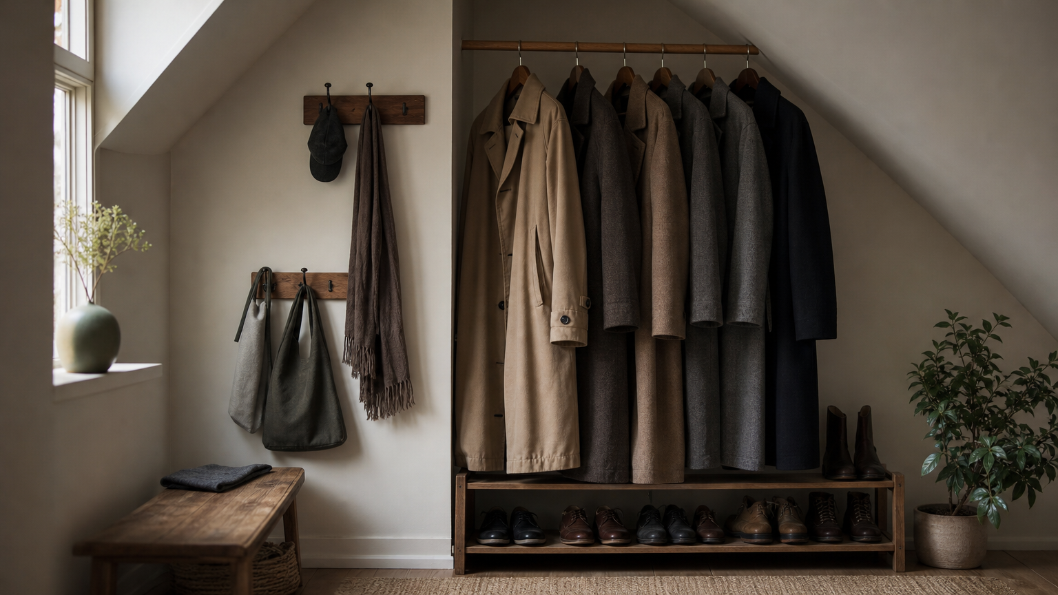 A sloped under-stair closet with long coats hanging from a rod, wall hooks at two heights, and a shoe rack below.
