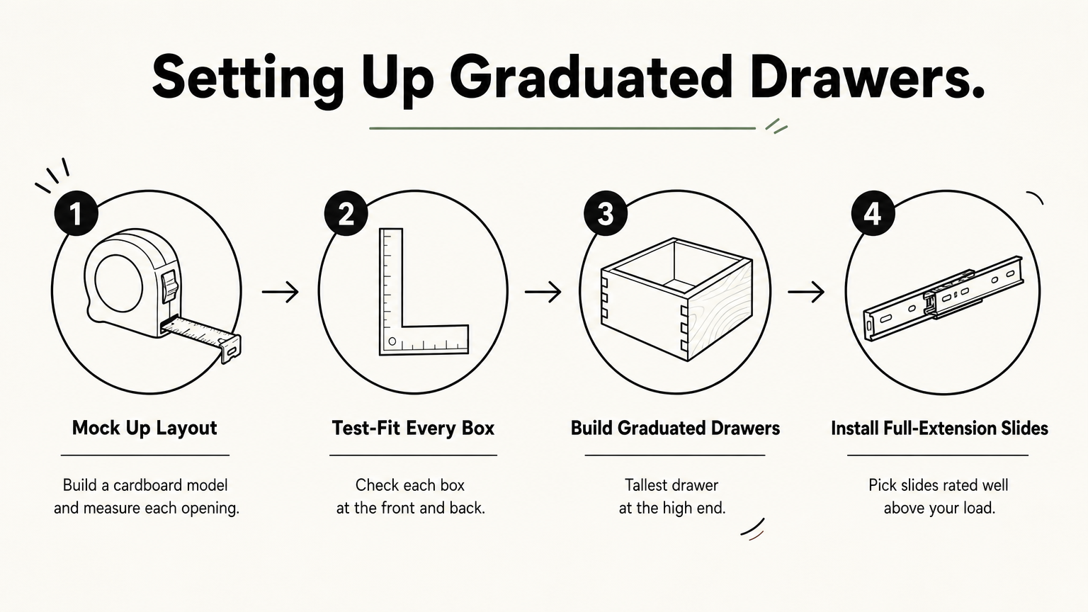 A four-step process diagram showing how to mock up, test-fit, build, and install graduated pull-out drawers under stairs.